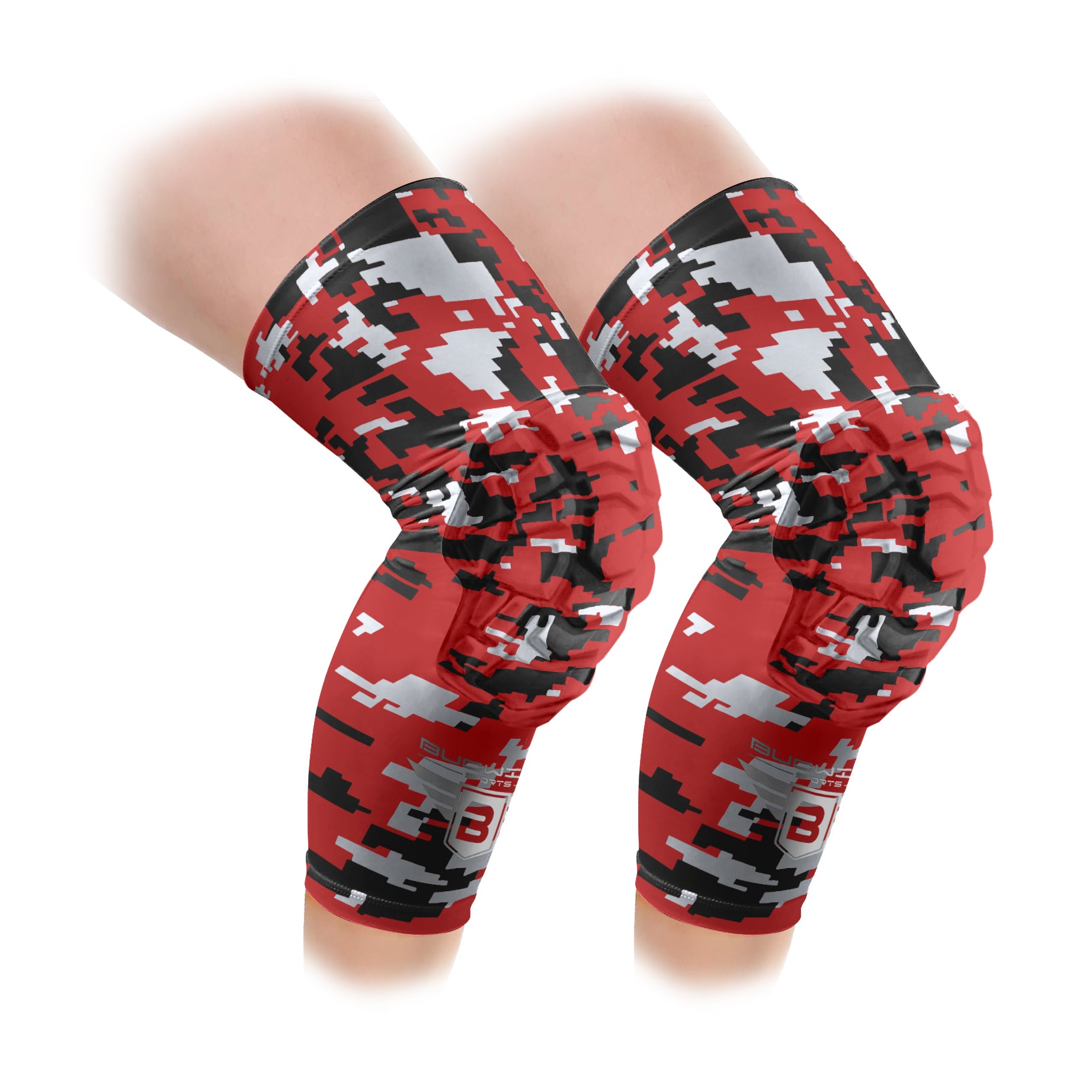 Red Digital Camo Compression Knee Pads - Padded Leg Sleeves (1 Pair)